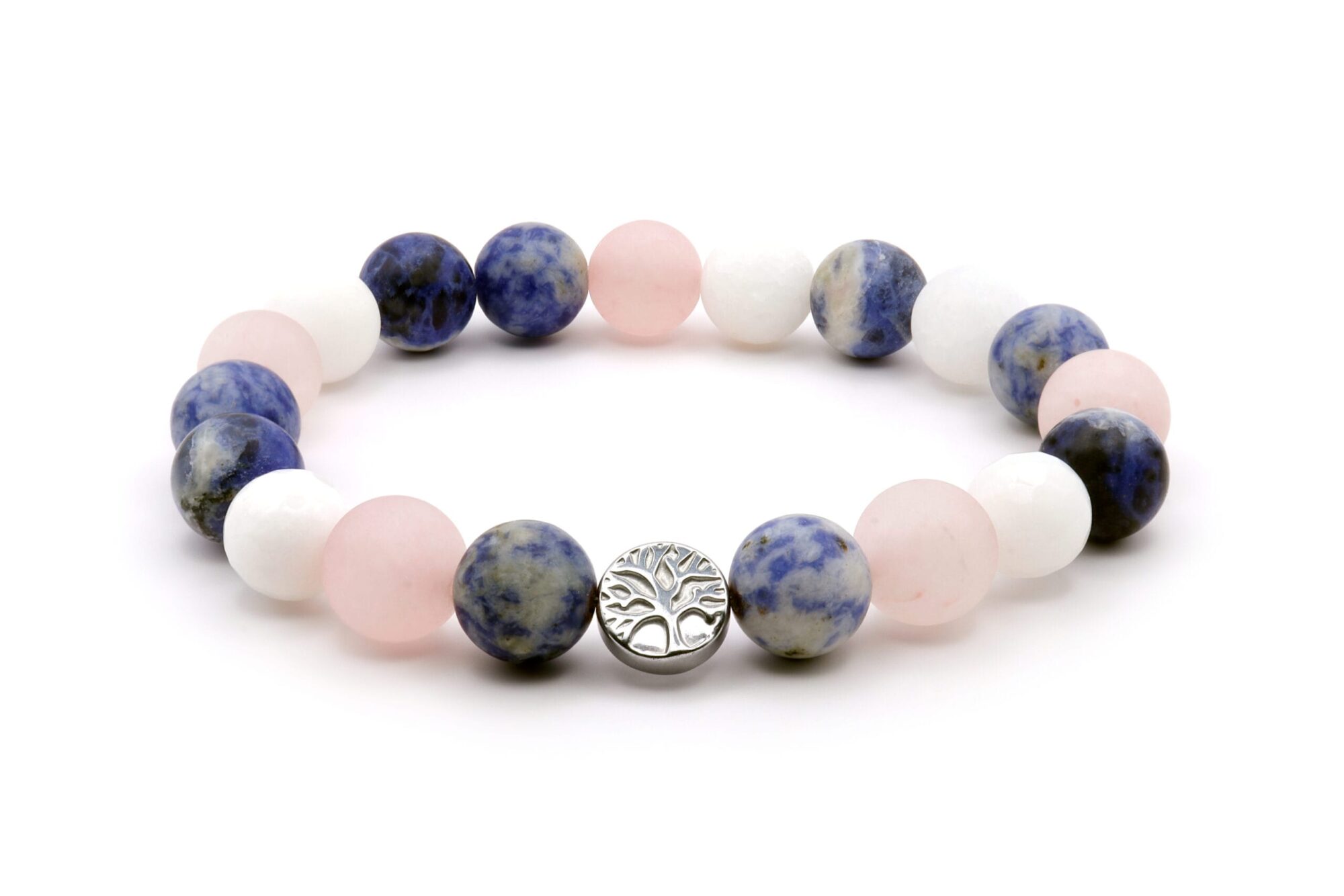 Moteriška apyrankė su hematitu, melsvu jaspisu, baltu žadeitu, sodalitu ir matiniu rožiniu kvarcu, įkrauta Reiki energija.