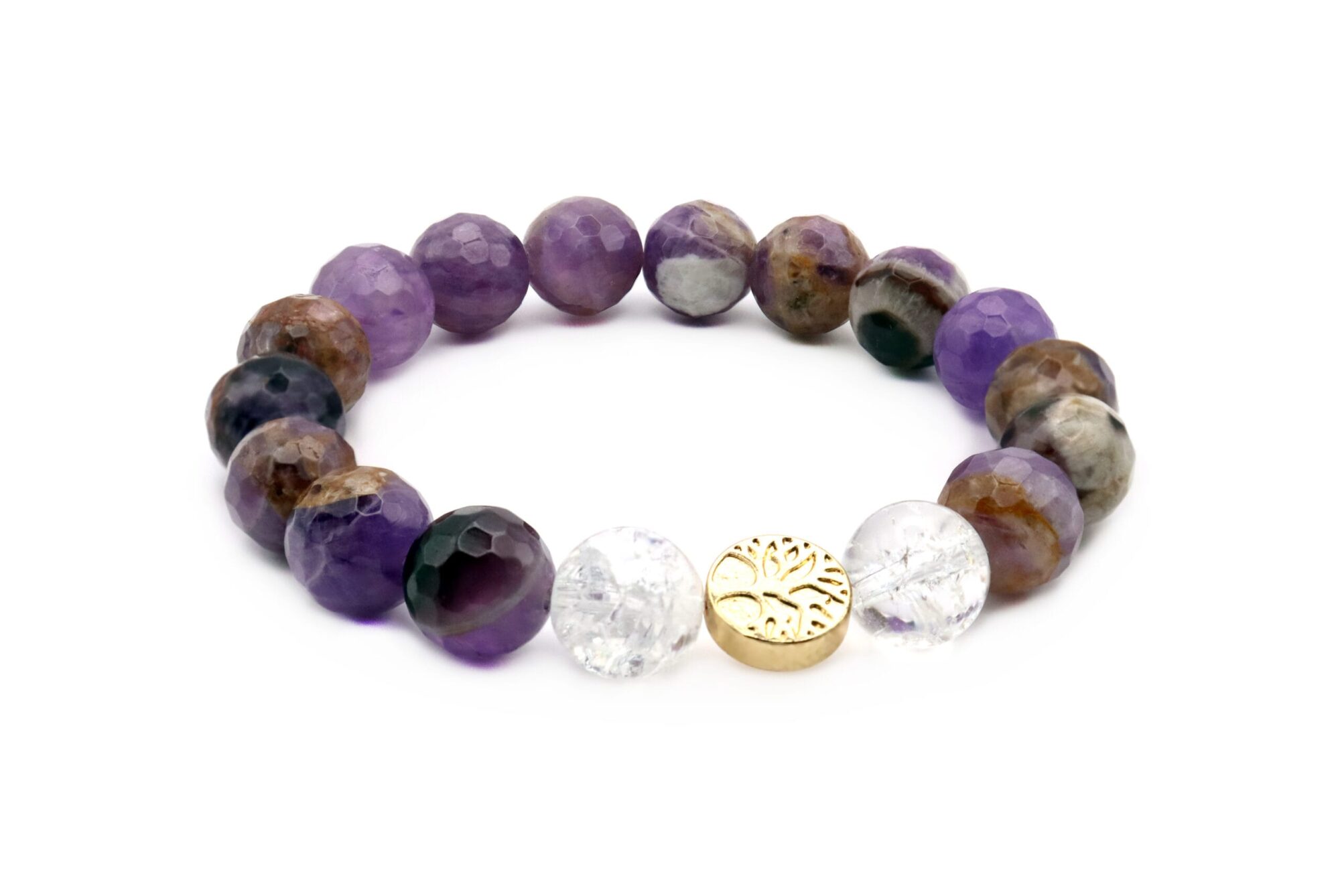 Moteriška apyrankė su kalnų krištolu, dryžuotu ametistu ir hematitu, įkrauta Reiki energija.